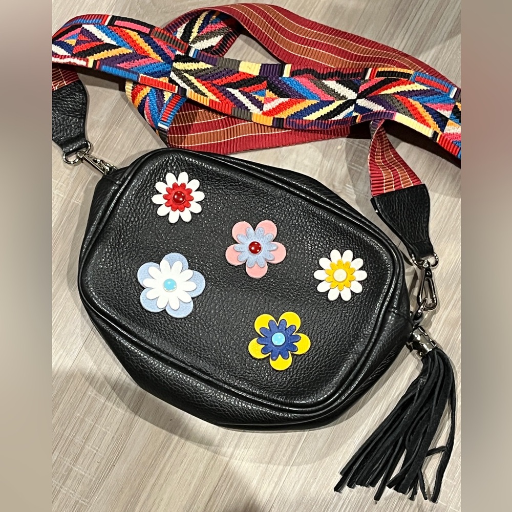 Vimoda Paris Coach Style Leather Fringe Bag flowers Reversible Crossbody strap